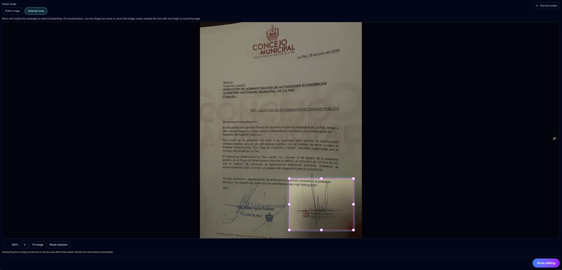 Full-screen handwriting selection editor showing a movable rectangle around the right-hand signature and Done editing at the bottom