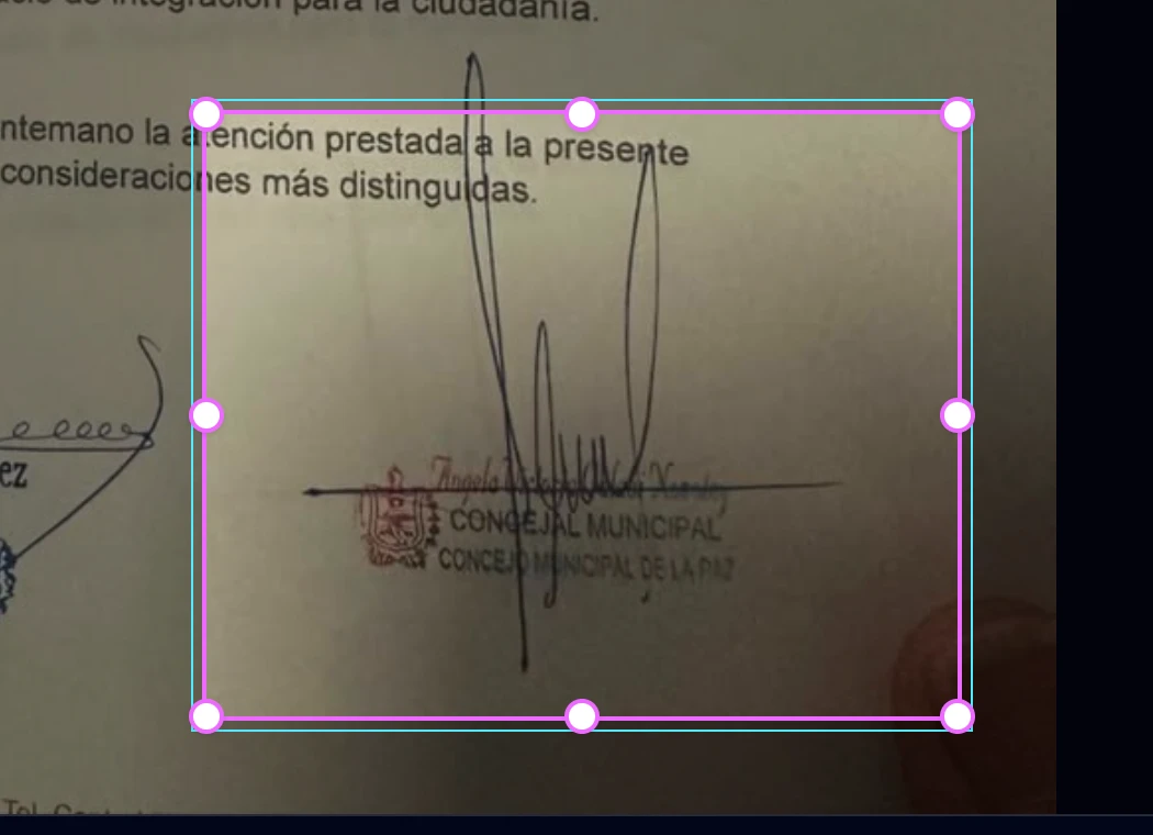 Close-up of the selection rectangle and resize handles around the right-hand signature, overlapping a stamp