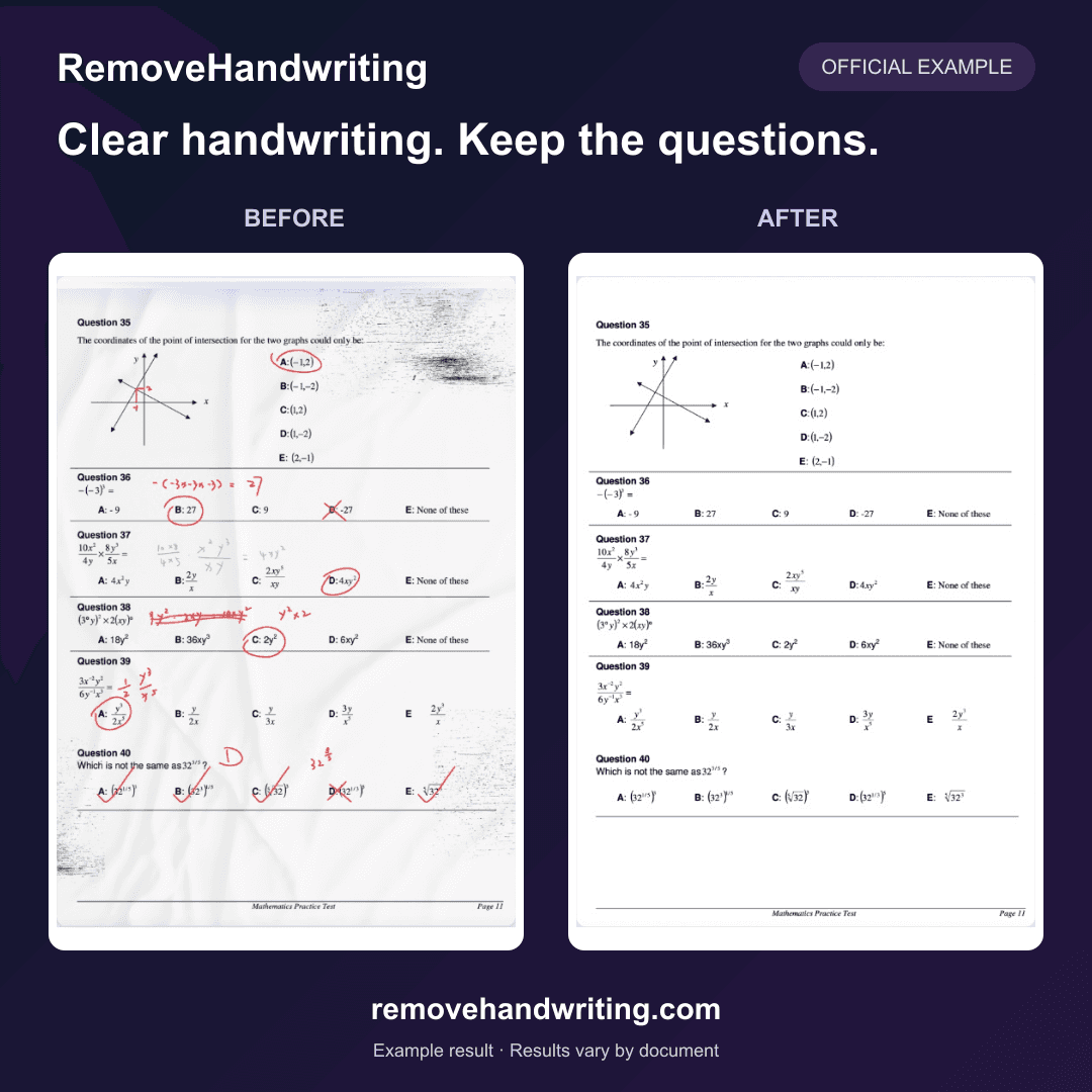 RemoveHandwriting: remove handwritten answers from worksheets or notes from scanned documents for reuse. Official before-and-after example.